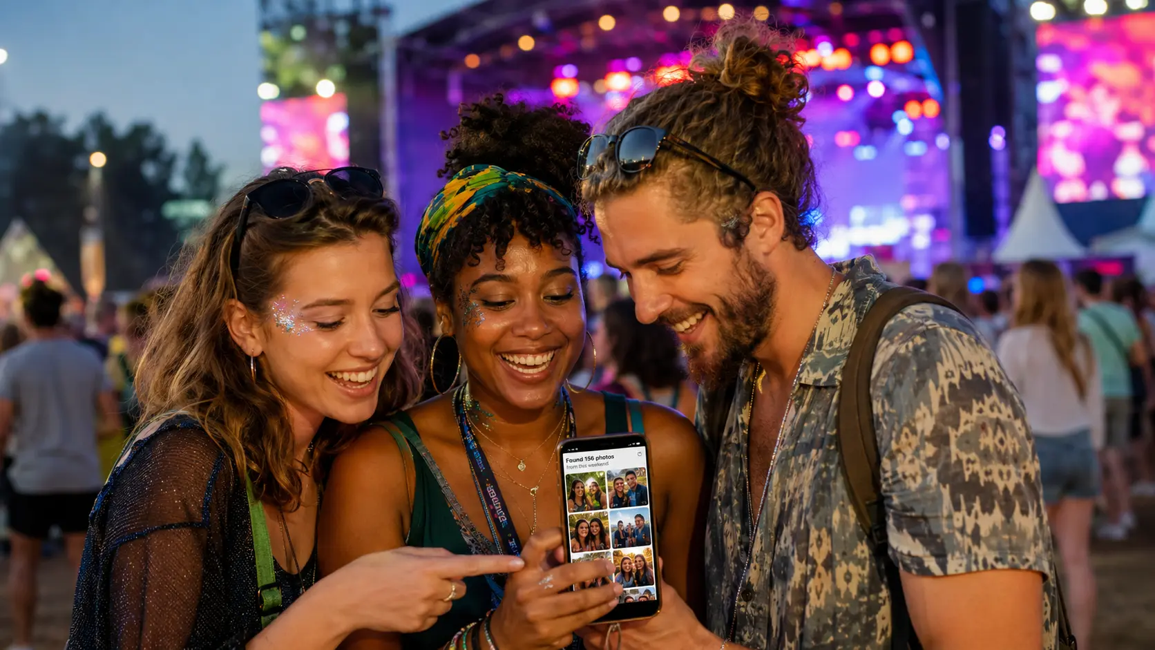 Friends at an international festival finding their event photos through a mobile gallery