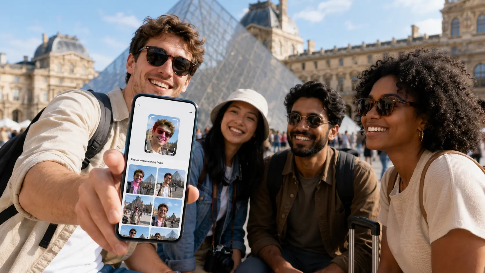Traveler using selfie face search on a phone to find photos from a group tour abroad