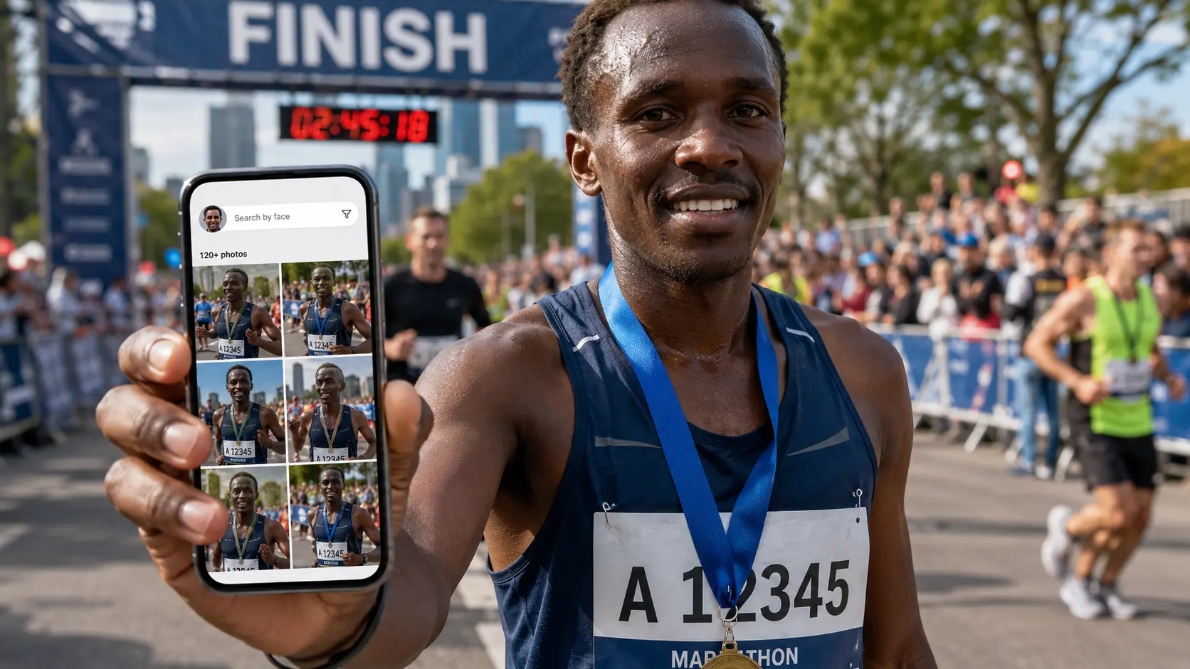 Runner finding marathon photos with face search after an international race